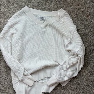 Pink Rose Cream V-Neck Waffle Knit Sweater